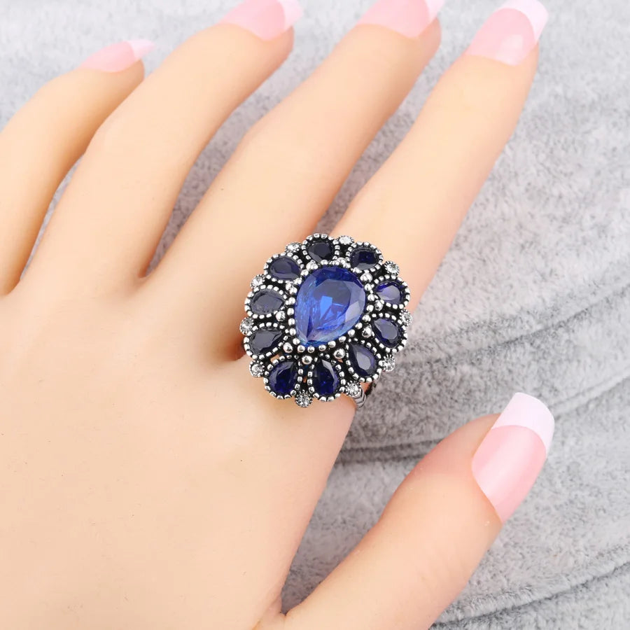 Fashion Blue Crystal Flower Rings For Women Tibetan Silver Vintage Big Wedding Ring Bohemia Jewelry