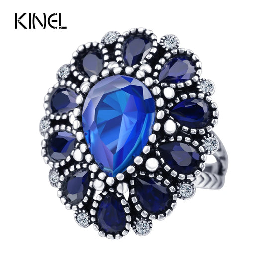 Fashion Blue Crystal Flower Rings For Women Tibetan Silver Vintage Big Wedding Ring Bohemia Jewelry