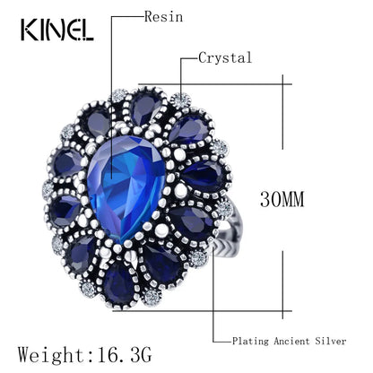 Fashion Blue Crystal Flower Rings For Women Tibetan Silver Vintage Big Wedding Ring Bohemia Jewelry