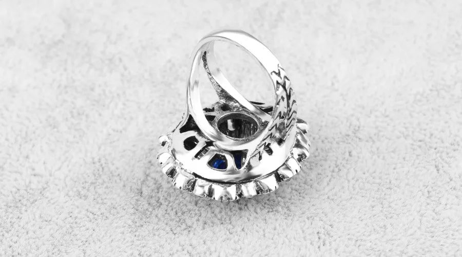 Fashion Blue Crystal Flower Rings For Women Tibetan Silver Vintage Big Wedding Ring Bohemia Jewelry