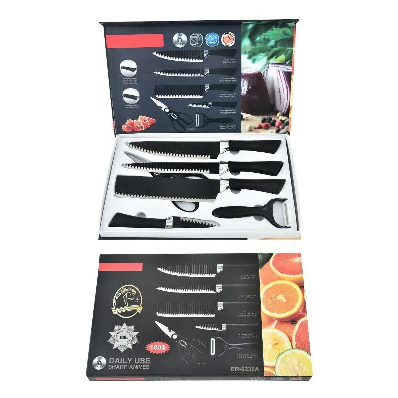 Stainless Steel Black Wave Pattern Chef's Knife Set Six Piece Vegetable and Kitchen Knives Non-Stick Gift Set for Cooking