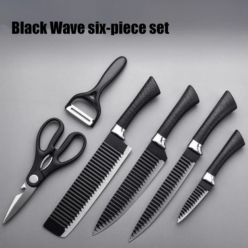 Stainless Steel Black Wave Pattern Chef's Knife Set Six Piece Vegetable and Kitchen Knives Non-Stick Gift Set for Cooking