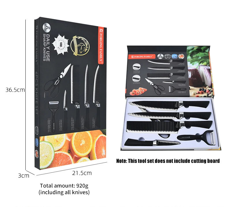 Stainless Steel Black Wave Pattern Chef's Knife Set Six Piece Vegetable and Kitchen Knives Non-Stick Gift Set for Cooking