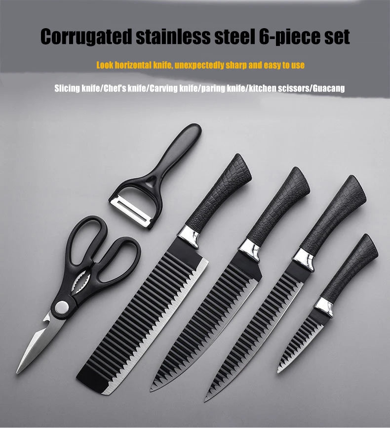 Stainless Steel Black Wave Pattern Chef's Knife Set Six Piece Vegetable and Kitchen Knives Non-Stick Gift Set for Cooking